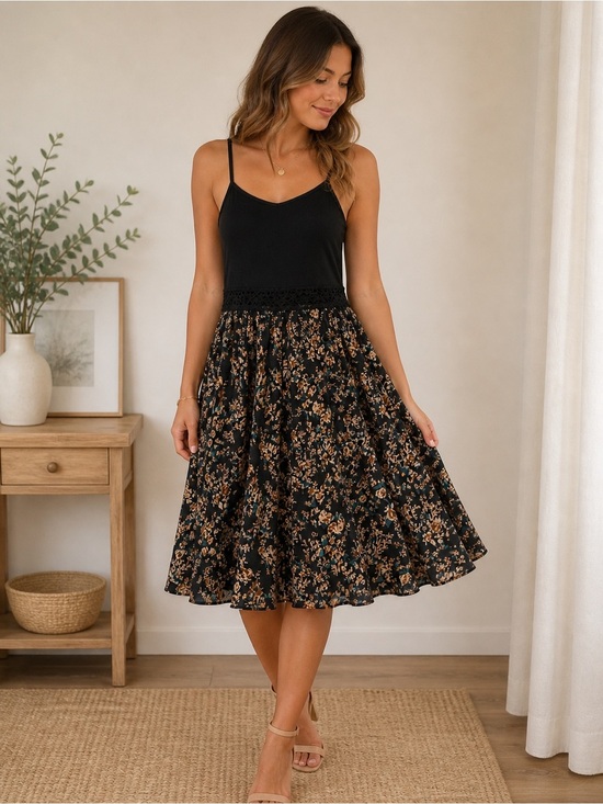 Dresses & Skirts - Women's Black Floral Midi Skirt
